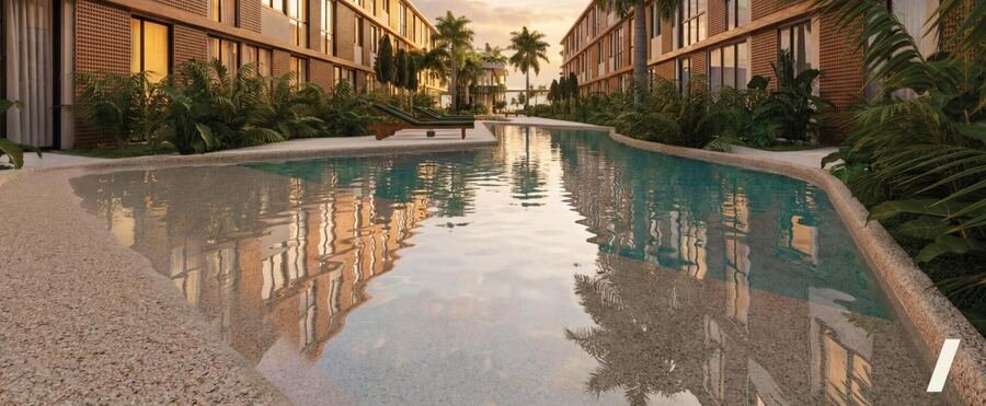 Boulevard com piscina entre as torres do Villa Camboa