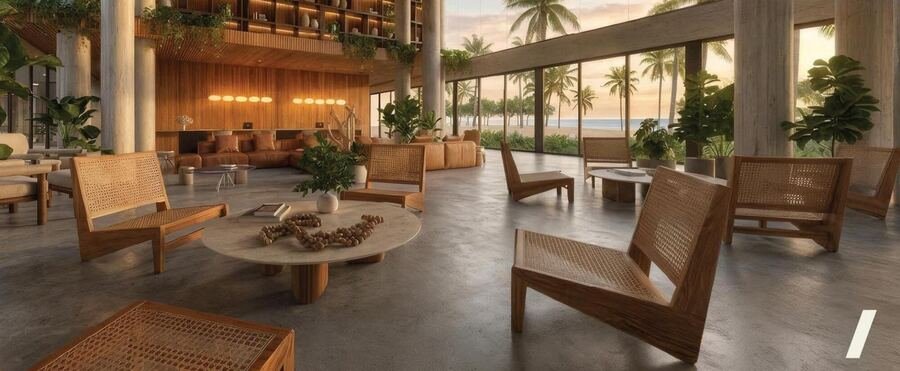 Recepção e lounge do Villa Camboa com vista para a praia